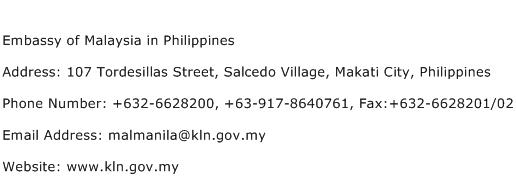 Embassy of Malaysia in Philippines Address Contact Number