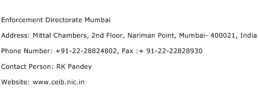 Enforcement Directorate Mumbai Address Contact Number