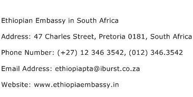 Ethiopian Embassy in South Africa Address Contact Number