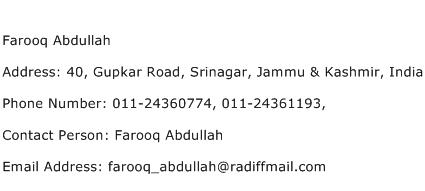 Farooq Abdullah Address Contact Number
