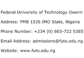 Federal University of Technology Owerri Address Contact Number