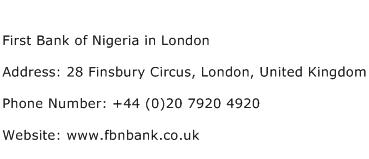 First Bank of Nigeria in London Address Contact Number