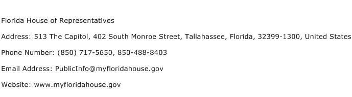Florida House of Representatives Address Contact Number