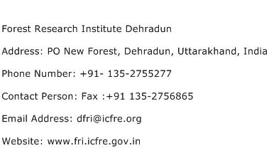 Forest Research Institute Dehradun Address Contact Number
