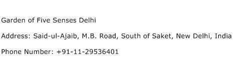 Garden of Five Senses Delhi Address Contact Number