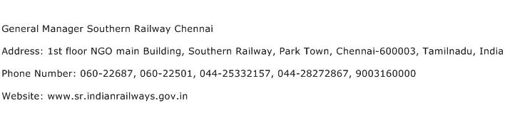 General Manager Southern Railway Chennai Address Contact Number