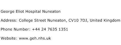George Eliot Hospital Nuneaton Address Contact Number