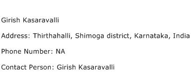 Girish Kasaravalli Address Contact Number