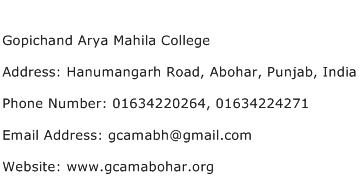 Gopichand Arya Mahila College Address Contact Number