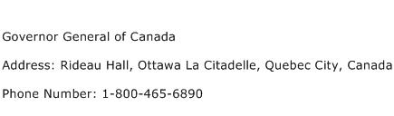 Governor General of Canada Address Contact Number