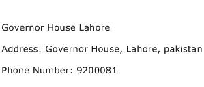Governor House Lahore Address Contact Number