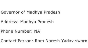 Governor of Madhya Pradesh Address Contact Number