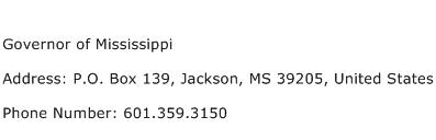 Governor of Mississippi Address Contact Number
