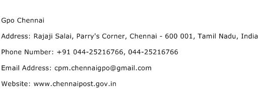 Gpo Chennai Address Contact Number