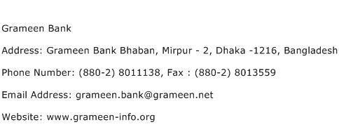 Grameen Bank Address Contact Number