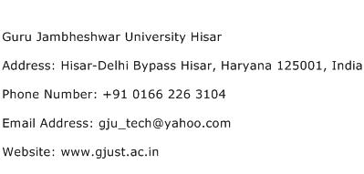 Guru Jambheshwar University Hisar Address Contact Number