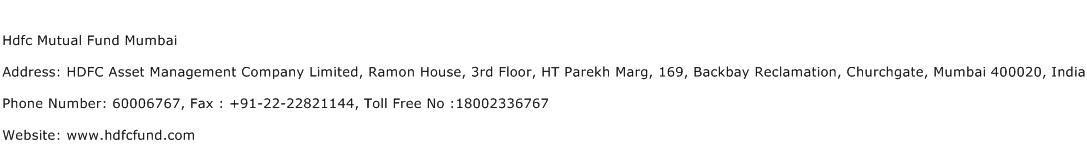 Hdfc Mutual Fund Mumbai Address Contact Number