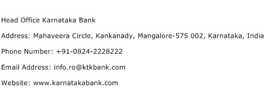 Head Office Karnataka Bank Address Contact Number