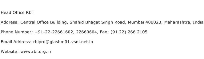 Head Office Rbi Address Contact Number