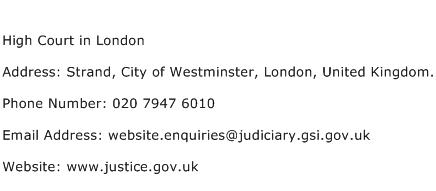 High Court in London Address Contact Number
