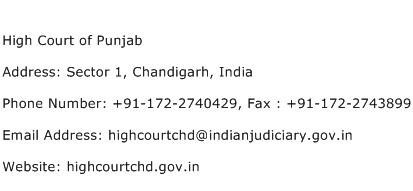 High Court of Punjab Address Contact Number