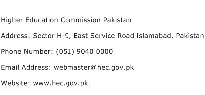 Higher Education Commission Pakistan Address Contact Number