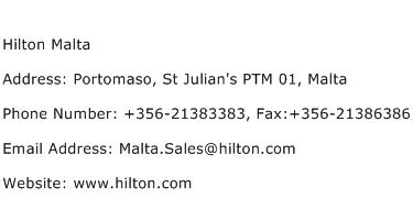 Hilton Malta Address Contact Number