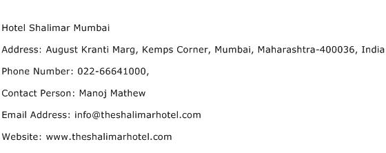 Hotel Shalimar Mumbai Address Contact Number