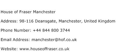 House of Fraser Manchester Address Contact Number