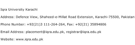 IQRA University Karachi Address Contact Number