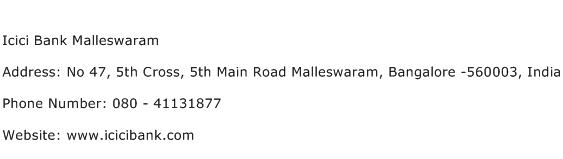 Icici Bank Malleswaram Address Contact Number