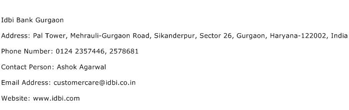 Idbi Bank Gurgaon Address Contact Number