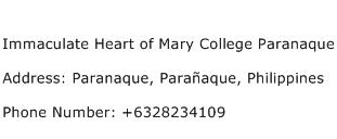 Immaculate Heart of Mary College Paranaque Address Contact Number