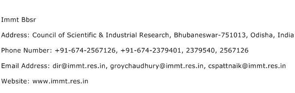 Immt Bbsr Address Contact Number