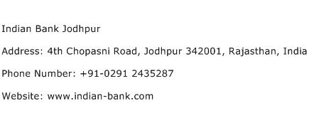 Indian Bank Jodhpur Address Contact Number