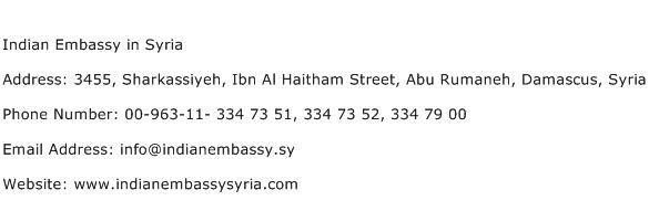 Indian Embassy in Syria Address Contact Number