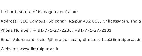 Indian Institute of Management Raipur Address Contact Number