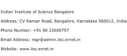 Indian Institute of Science Bangalore Address Contact Number