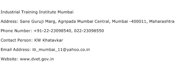 Industrial Training Institute Mumbai Address Contact Number