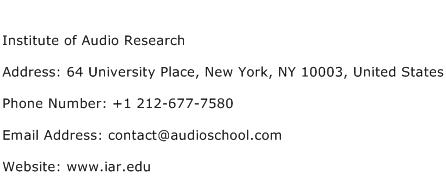 Institute of Audio Research Address Contact Number