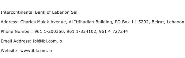 Intercontinental Bank of Lebanon Sal Address Contact Number