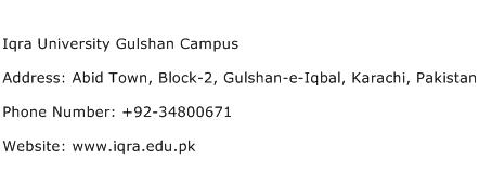 Iqra University Gulshan Campus Address Contact Number