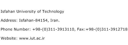 Isfahan University of Technology Address Contact Number