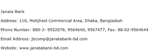 Janata Bank Address Contact Number