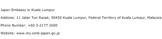 Japan Embassy in Kuala Lumpur Address Contact Number