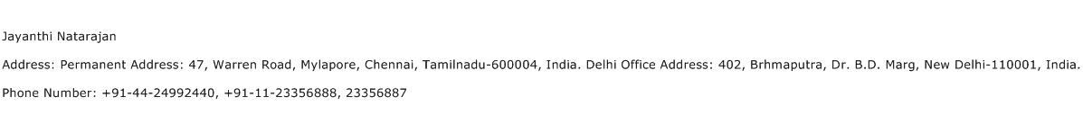 Jayanthi Natarajan Address Contact Number