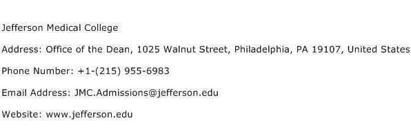 Jefferson Medical College Address Contact Number