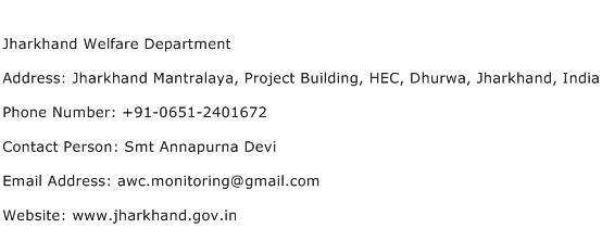 Jharkhand Welfare Department Address Contact Number