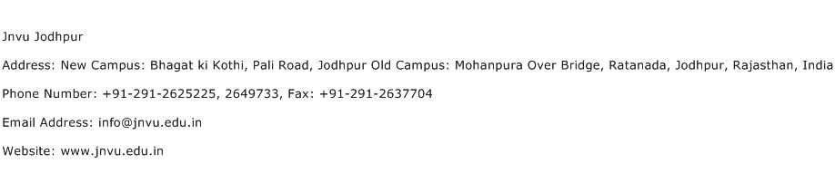 Jnvu Jodhpur Address Contact Number