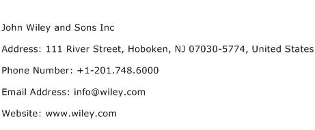 John Wiley and Sons Inc Address Contact Number